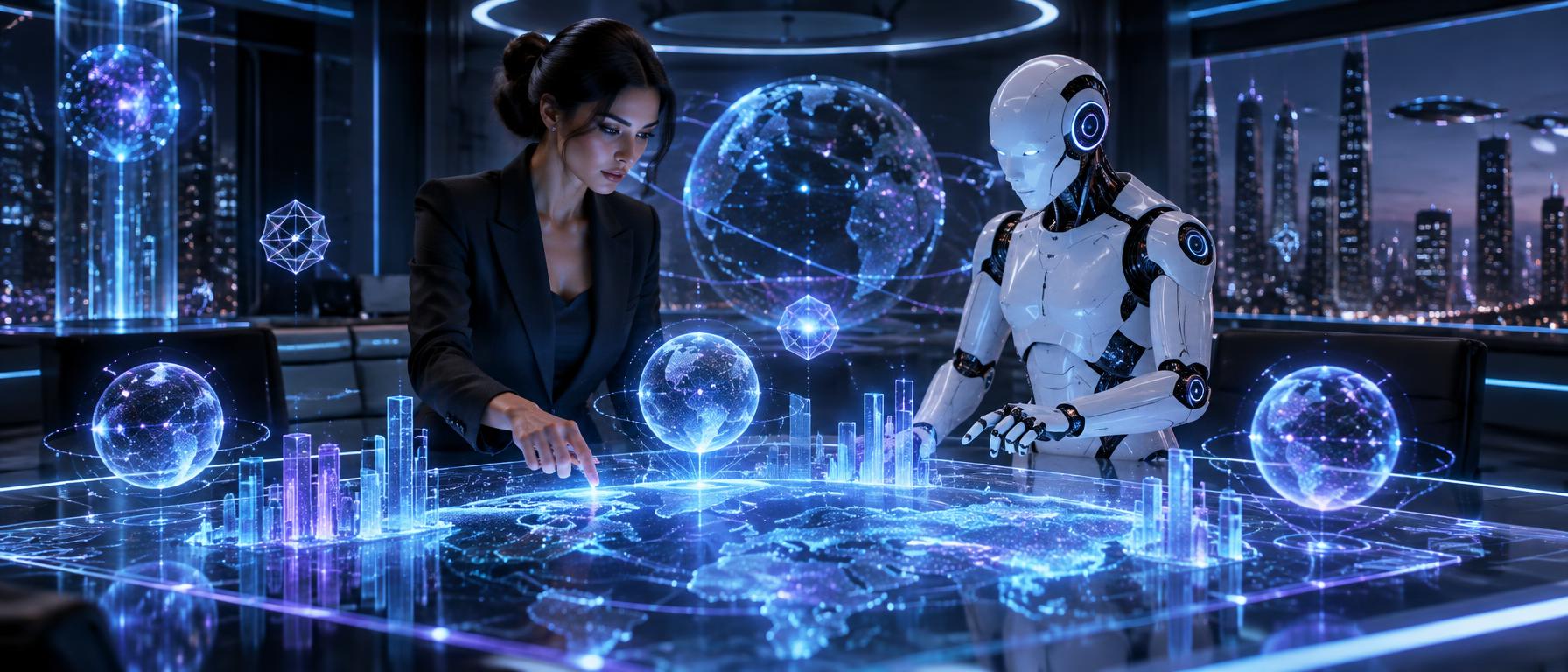 Pessoa criando com inteligência artificial ao lado de um robô